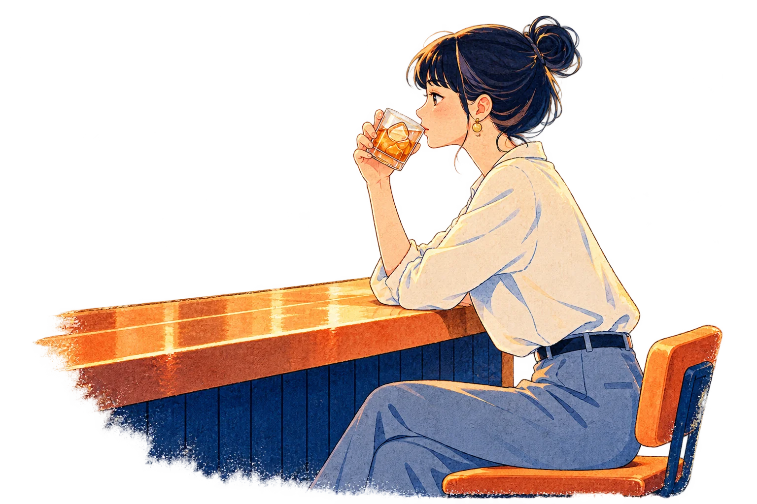 カウンターでグラスを傾ける女性のイラスト
